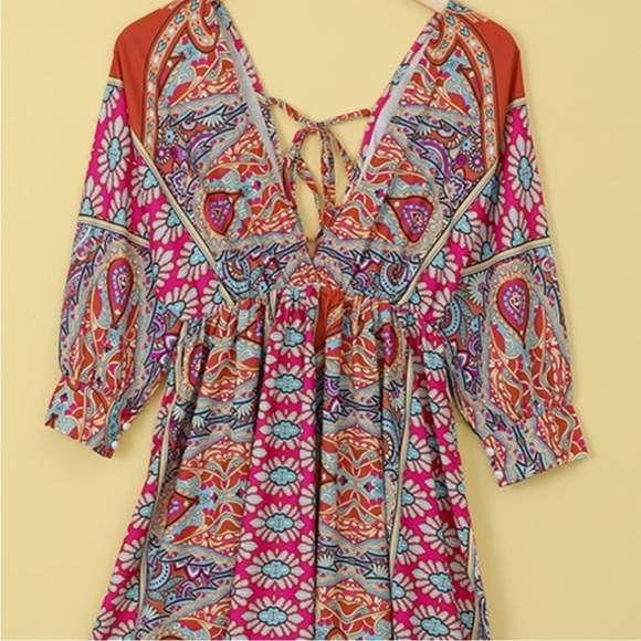New Multicolour V Neck 3/4 Sleeve Bohemian Vintage Print Mini Dress - Picture 9 of 10
